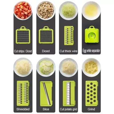 Different blade attachments for the 16 In 1 Vegetable Chopper in Pakistan showing various food cuts.