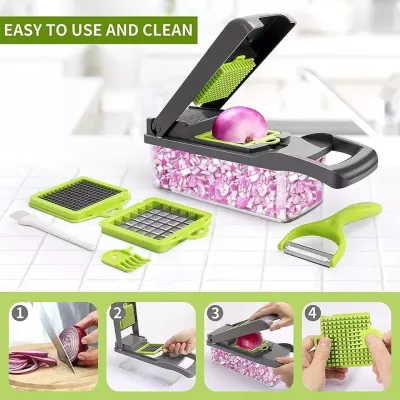 Step by step guide showing how to use and clean the 16 In 1 Vegetable Chopper with Container and Slicer.