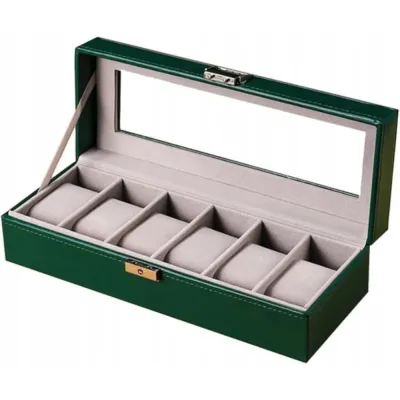 Open green 6 Slot Watch Box Organizer with light gray velvet slots and cushions shown from a front perspective.