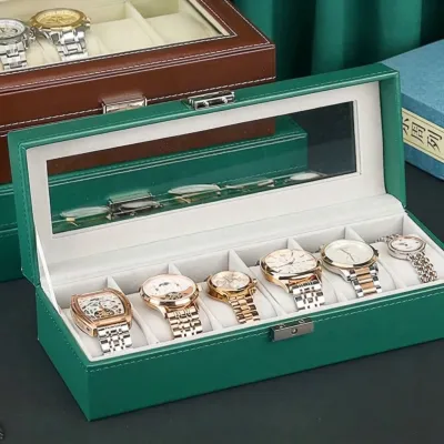 6 Slot Watch Box Organizer - Green PU Leather Case