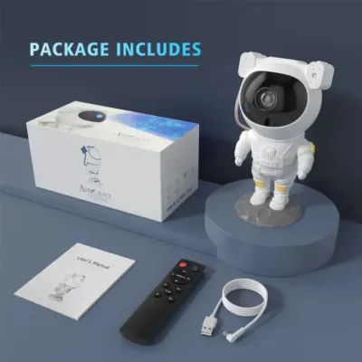 Complete package includes Astronaut Galaxy Star Projector with Remote, product box, user manual, and USB power cable