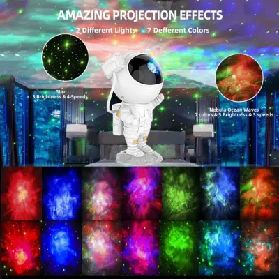 Astronaut Galaxy Projector Pakistan featuring 7 nebula light colors and starry sky modes in a bedroom setup.