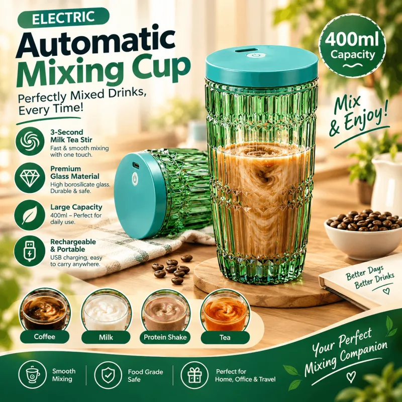 Green glass automatic mixing cup filled with mixed coffee beverage beside a bowl of coffee beans.