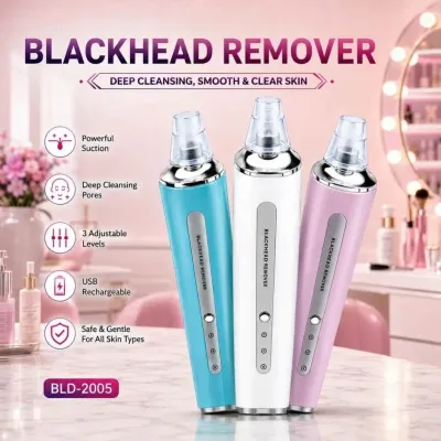 Three electric blackhead remover vacuum devices in blue, white, and pink standing together with feature icons.