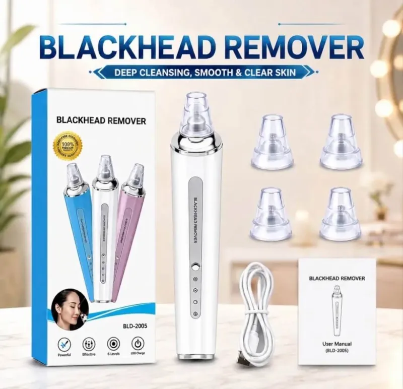 Electric white blackhead remover vacuum with product box, USB charging cable, user manual, and four suction heads.