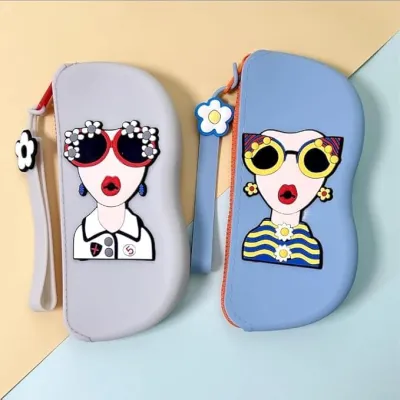 Two Cartoon Sunglasses Case pouches in grey and blue with flower wrist straps placed side by side.