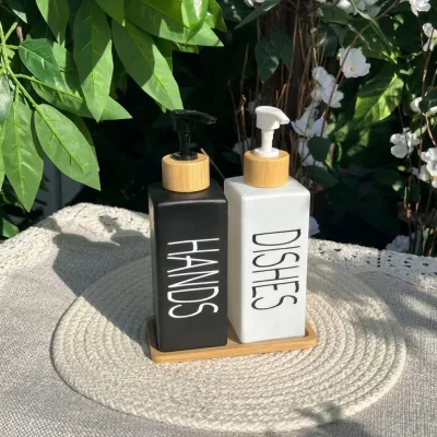Ceramic Soap Dispenser Set With Bamboo Base 500ml