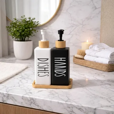 Ceramic Soap Dispenser Set With Bamboo Base 500ml – back view