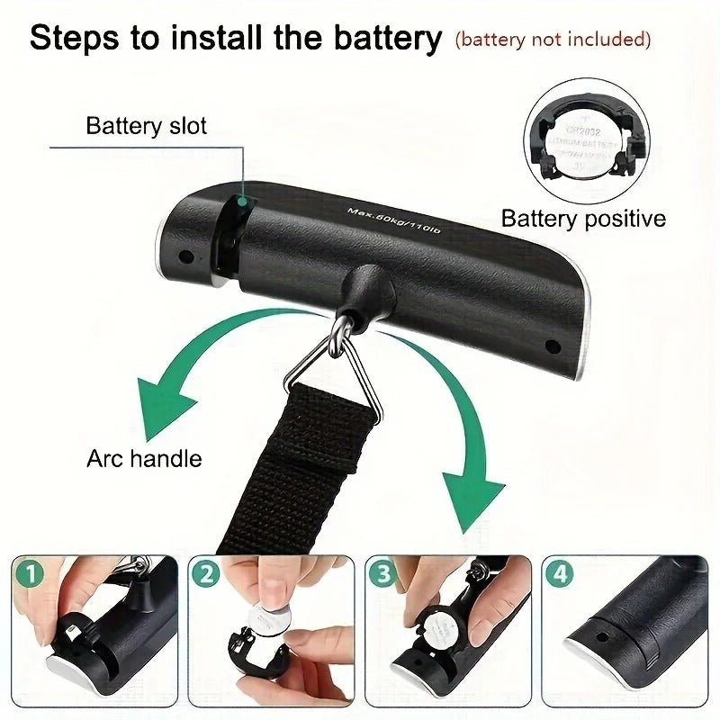 Four numbered steps showing how to insert a coin cell battery into the slot of the Digital Luggage Scale.
