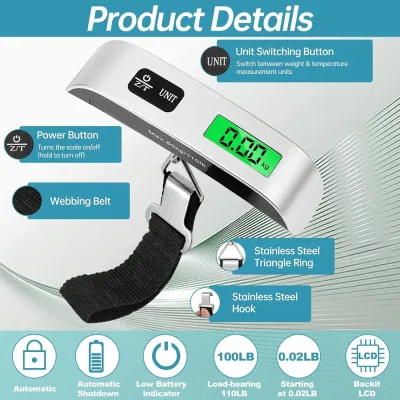 Digital Luggage Scale features overview with green backlit LCD, webbing belt, stainless steel hook, and feature icons.