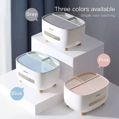 Three color options for the Ecoco Tissue Box organizer in gray, blue, and pink displayed on white stands.