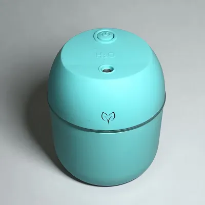 Top view of a light blue portable Egg Humidifier displaying power button, spray nozzle, and H2O text