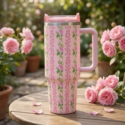 Pink Florence Printed Tumbler 1200ml with vertical rose pattern placed on an outdoor wooden table with flowers