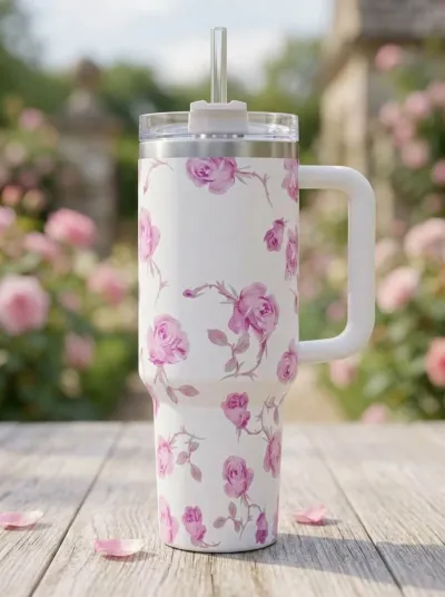 White Florence Printed Tumbler 1200ml with pink rose prints, clear straw, and top lid set on a wooden table