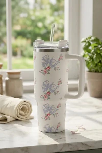 Florence Printed Tumbler 1200ml with white bow and rose pattern, featuring a clear straw and sturdy handle