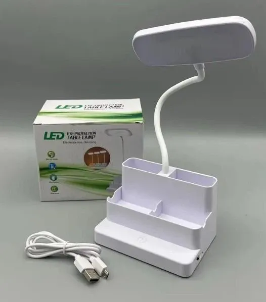 White LED study lamp with pen holder, mobile stand base, USB cable, and product box on a plain background.