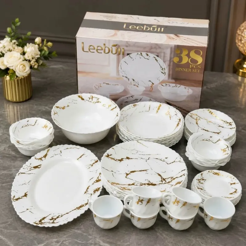 Leebun 38 Pcs Dinner Set White Gold Marble Opal Glassware – white and gold marble dinner set