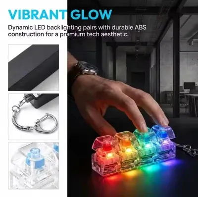 Hand pressing lit LED keys on a transparent mechanical keyboard keychain showing vibrant multicolor backlighting.