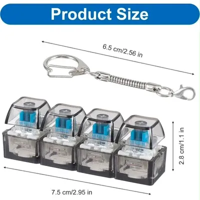 Product dimensions guide for mechanical keyboard keychain showing keychain length of 6.5 cm and body size 7.5x2.8 cm.