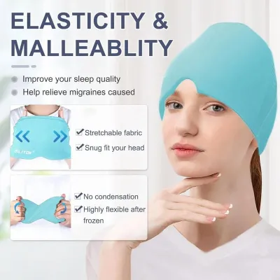 Light blue stretchable Migraine Relief Cap displayed on a woman demonstrating its elasticity and malleability.