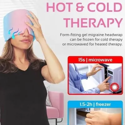 Woman wearing a blue Migraine Relief Cap with microwave and freezer heating or cooling instruction graphics.