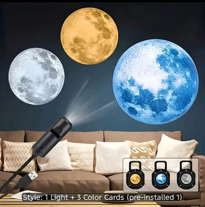 Moon Projection Lamp projecting realistic blue, yellow, and white moon projections on a wall above sofa.