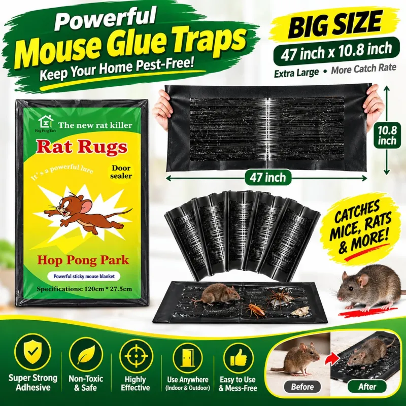 Extra large mouse glue trap board with dimensions 47 inch by 10.8 inch showing packaging and usage demo.