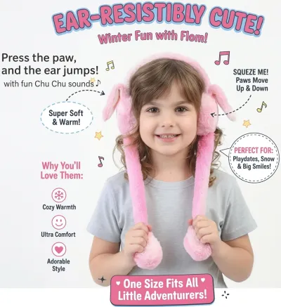 Young girl smiling while wearing plush pink moving bunny ear earmuffs, holding the squeezable paw handles.