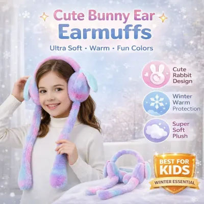 Kids Moving Bunny Ear Earmuffs – Cute Plush Winter Warmers, Soft Fleece Ear Covers