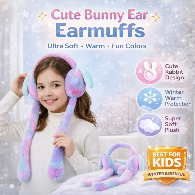 Young girl wearing multicolored pastel moving bunny ear earmuffs with hanging paws in a snowy winter setting.