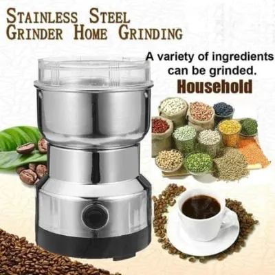 Front view of stainless steel grinder with coffee beans, pulses, and coffee cup graphic.