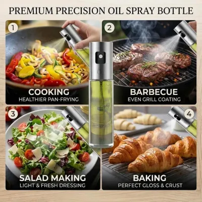 Stainless steel glass mister oil spray bottle for kitchen showing four cooking applications like grilling and baking.