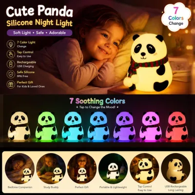 Cute Panda Silicone Night Light shown in 7 color changing modes alongside product features.