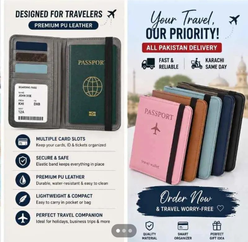 Grey open Passport Holder Pouch showing card slots beside a stack of colorful travel wallets.