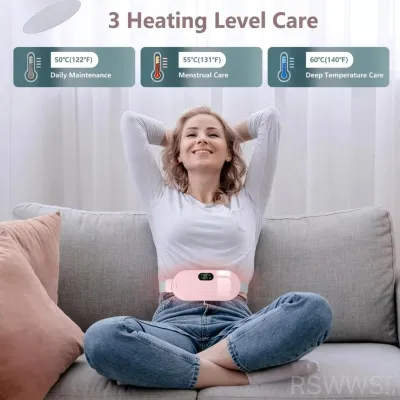 Woman sitting comfortably on a couch wearing the pink Period Cramp Belt around her waist