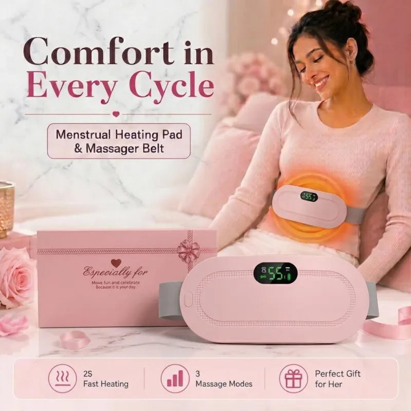 Pink Period Cramp Belt next to its gift box and worn by a woman resting on a sofa