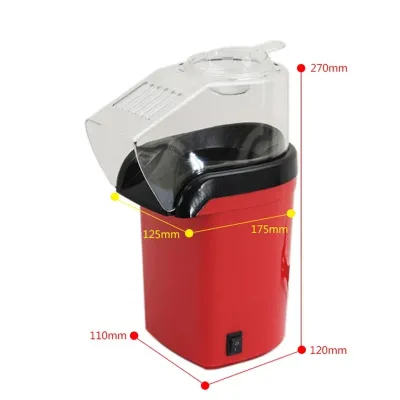 Dimensions diagram of red electric hot air popcorn maker 1200W showing height and width measurements in millimeters.