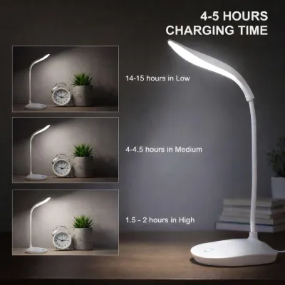 White rechargeable study lamp price in Pakistan showcasing brightness levels and battery duration.