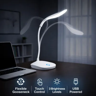 White rechargeable study lamp price in Pakistan on a study table next to a open laptop.