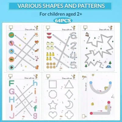 Sample activity pages from the Reusable Tracing Workbook for Kids featuring shapes, lines, numbers, and letters.