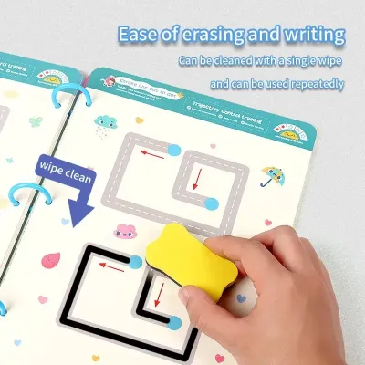 Yellow duster wiping clean a page inside the Reusable Tracing Workbook for Kids with trajectory lines.
