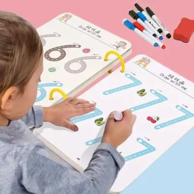 Child practicing writing inside the Reusable Tracing Workbook for Kids using dry-erase markers.