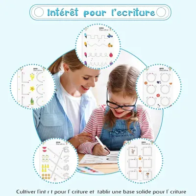Woman assisting a young girl using the Reusable Tracing Workbook for Kids with various activity page previews.