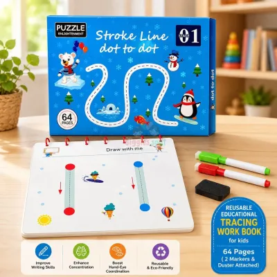 Reusable Tracing Workbook for Kids - 64 Pages with Markers & Duster