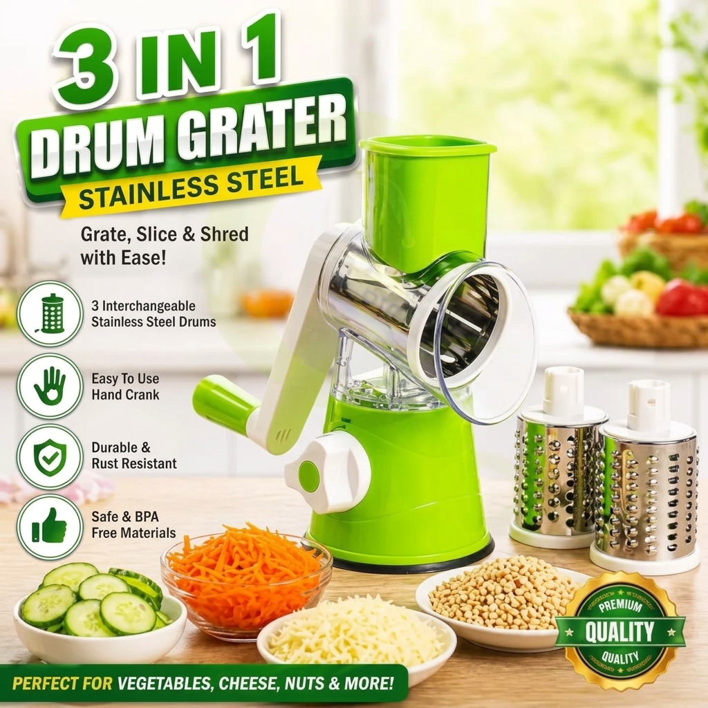 Rotary Drum Grater - 3 in 1 Vegetable Slicer with Hand Crank