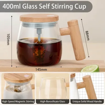 400ml self stirring glass mug showing dimensions 105mm height, 145mm width, and solid wood handle details