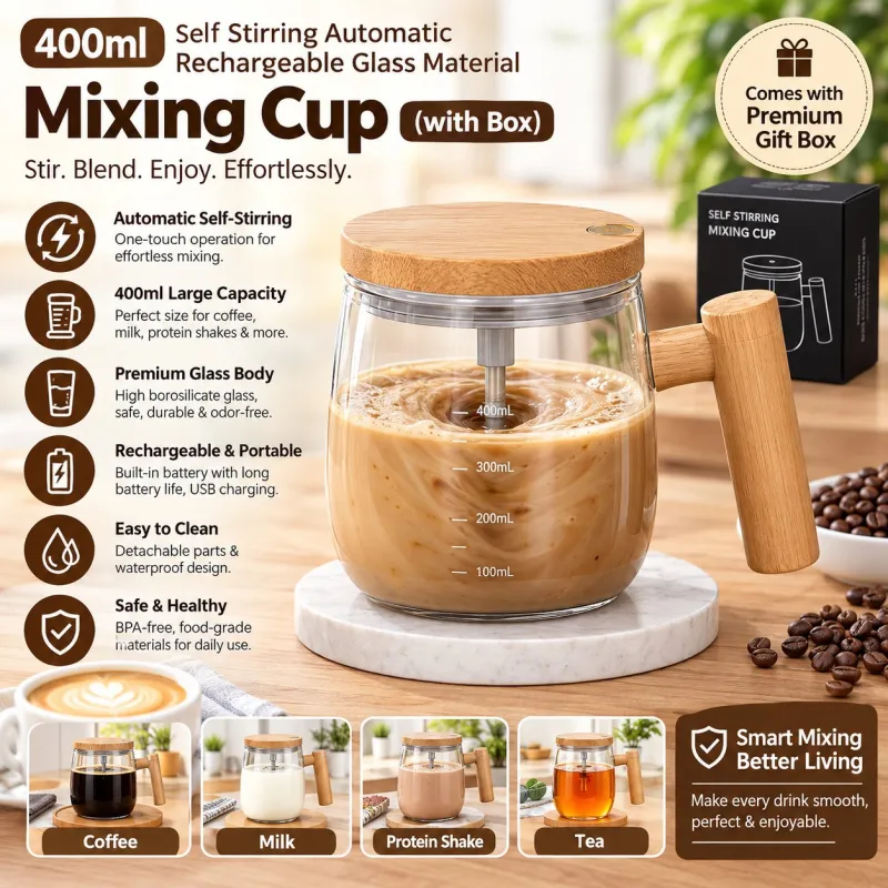 400ml self stirring glass mug filled with coffee on a coaster alongside key features and packaging box