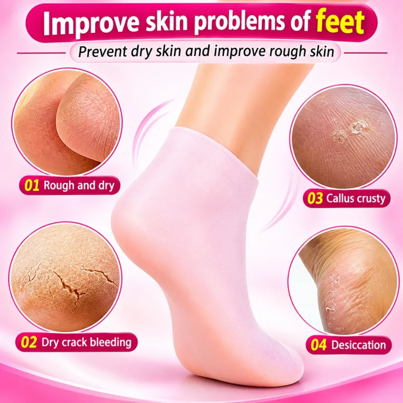 Pink Silicone Gel Socks shown on a foot alongside close-ups of common skin issues like rough skin and dry cracked heels.