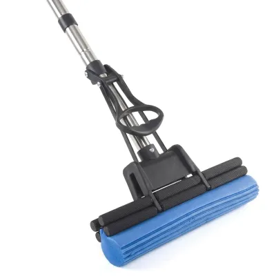 Close up of auto water absorb foamic sponge mop with squeezing roller highlighting blue sponge head and black rollers.