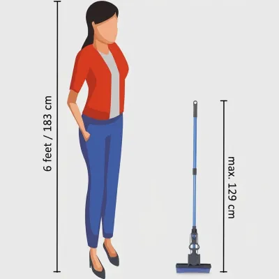 Height comparison diagram showing a sponge mop with maximum 129 cm length next to a 6 feet tall woman illustration.